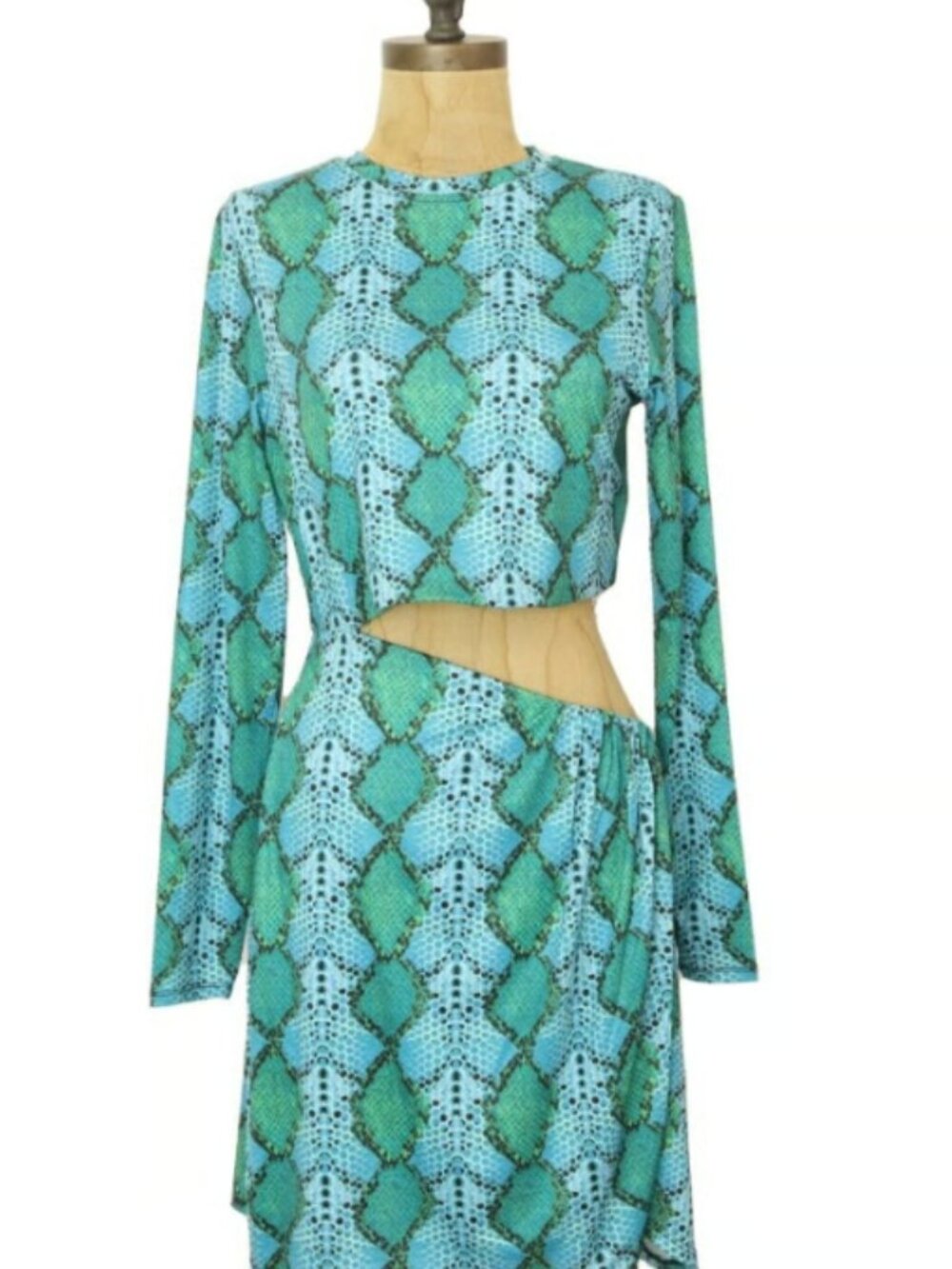 AFRM Side Cutout Mini Bodycon Dress L Teal Snake Print Long Sleeve Crew NEW B52
